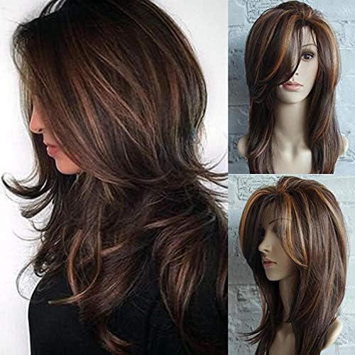 FyyzYG Europe and America ladies wig gold brown highlights gradient color long curly hair fluffy pear flower buckle in the long straight hair
