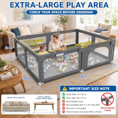Palopalo Baby Playpen, 70"x59" Extra Large Playard for Babies and Toddlers, Non-Foldable and Big Baby Activity Center, Infants Play Pen with Gate and Soft Breathable Mesh, Ideal for First-time Mom