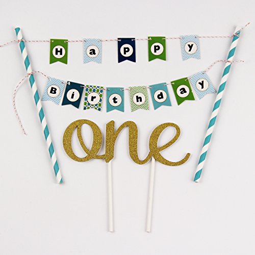 KUNGYO One 1ST Happy Birthday Cake Bunting Banner Small Blue Pennant Flags And Golden"One" Cake Topper