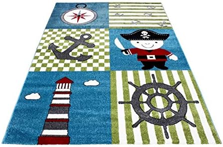 Carpetsale24 Kids rugs for kids room, baby room, play rug pirate motif squared, multi colors blue green red black white_0450, Size:80 cm x 150 cm