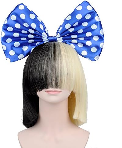 OUO HAIR Wig Fashion Star Short Bob Straight Hair Fashion Wig Straight Bang Synthetic Wig +Big Blue Bow (Black and Blonde)