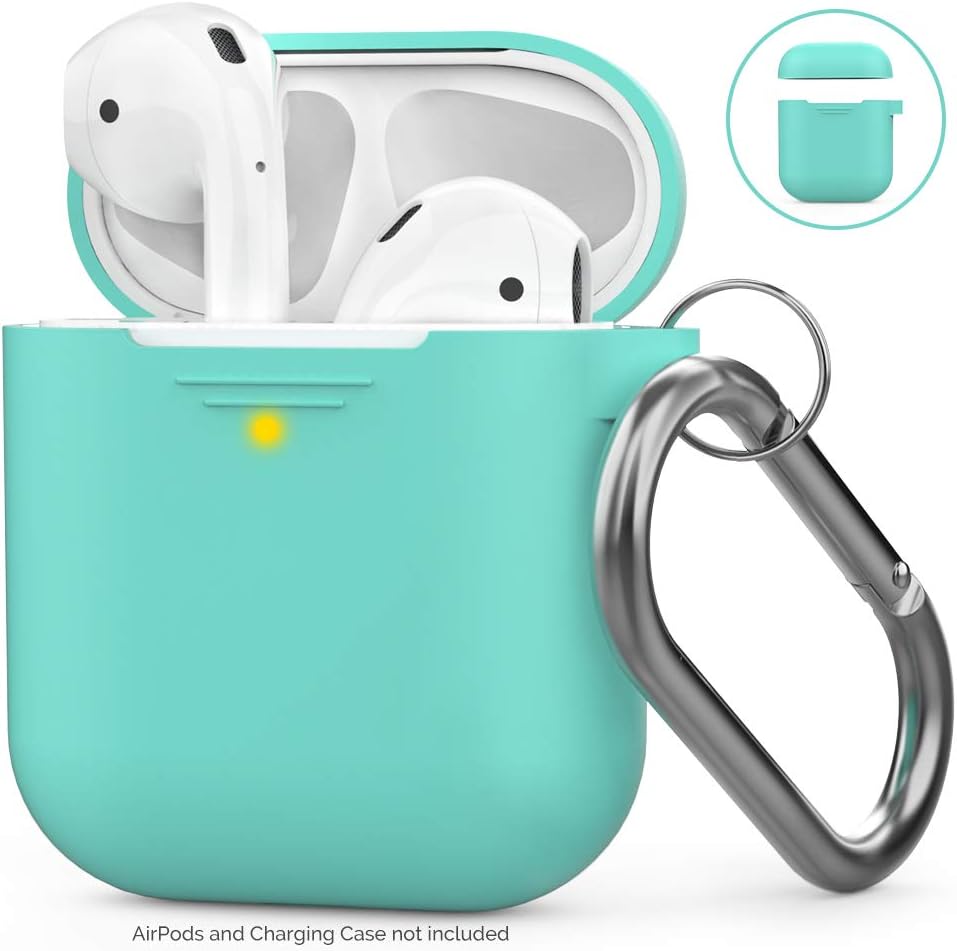 AHASTYLE AirPods Case Cover Silicone [Front LED Visible & Supports Wireless Charging] Compatible with Apple Airpods 2&1(2019) (With Carabiner, Green)
