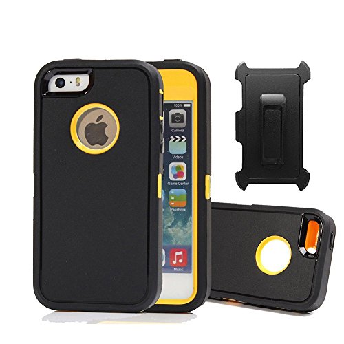 iPhone SE Case, HarselÂ® Defender Series Heavy Duty Tough Rugged High Impact Armor Hybrid Military with Belt Clip Built-in Screen Protector Case Cover for Apple iPhone 5s / SE - Black Yellow