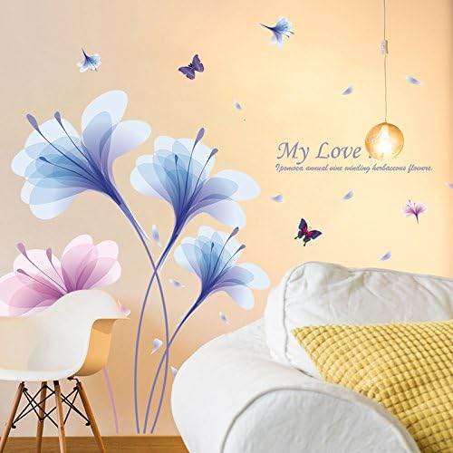 SWORNA Nature Series Blue Pink Romantic Dream Flower Removable Vinyl Wall Art Mural Sticker Decal Decor for Girls Living Room Bedroom Hallway Home Office Kindergarten Kids Nursery 34”H X 71”W
