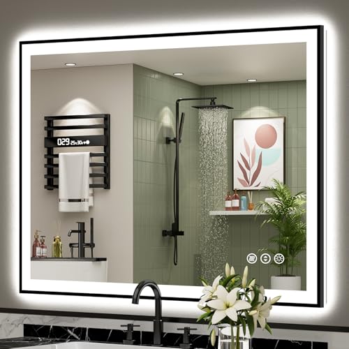 AWANDEE LED Bathroom Mirror 44x36 Black Framed