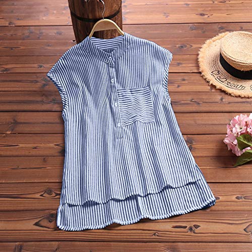 Kawaiine Women Plus Size Casual Stripe Print Tank Shirt Button Pocket Sleeveless Tops Dark Blue