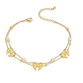 Kokoma Delicate Bow Anklet for Women Simple Ribbon Knot Pearls Double Layered Anklets Statement Adjustable Stackable Foot Chains Jewelry