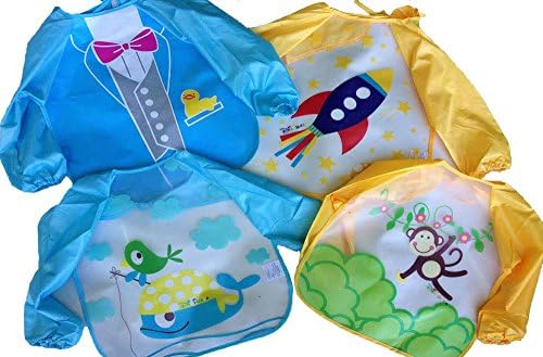 4 pack of Long Sleeve Feeding Bibs for Babies and Toddlers (blue whale, yellow rocket, yellow monkey, blue tie)