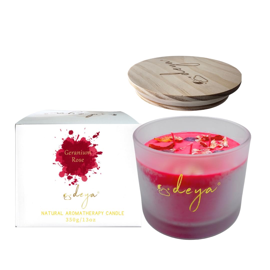 Deya Natural Soy Wax Candles | Healing Crystals&Dried Flowers | 3 Wick Candle | Up to 45 Hours Burning Time | Frosted Glass Jar | Vegan | Aromatherapy | Best Gift for Men and Women