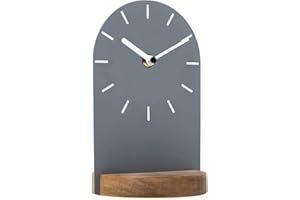 SOFFEE DESIGN One-Piece Table Clock Iron Sheet with Wooden Base Ins Style, Desktop Clock Non Ticking Battery Operated for Living Room Bedroom Home Decor, Gray