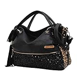 Qianle Fashion Sexy Leopard Print/ Black Bag Paillette Shoulder Bags Handbags for Women
