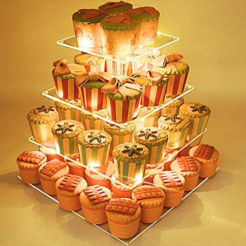 4 Tier Square Acrylic Cupcake Stand, Clear Cake Dessert Display Stand with LED String Lights, Wedding Party Tree Tower Stand
