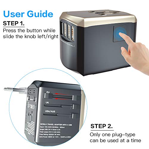 Universal Travel Adapter Power Plug Adapter - Luxsure All-in-one International Power Adapter High Speed 4.5A 4 USB Charging Port Compatible for Phone/Tablet/Laptop Use in USA EU UK AUS (Gold)