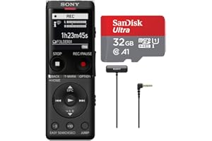 Sony ICD-UX570 Series UX570 Digital Voice Recorder (Black) Bundle with SanDisk 32GB Memory Card and Clip-Style Omni-Directional Stereo Microphone (3 Items)