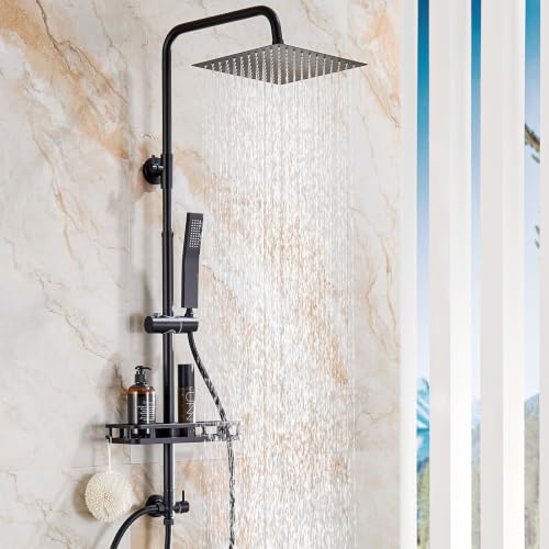 Auralum Columna Ducha Sin Grifo, Rociador de Ducha 25x25cm Acero Inoxidable 304, Alcachofa Ajustable y Estante Sin Taladro, Barra Ducha 62-102cm Compatible Orificios Existentes para Bañera, Negro