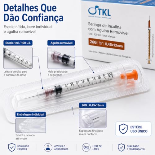 Seringa para Insulina 1ml com Agulha 13x0,45mm 26G, 100 Unidades