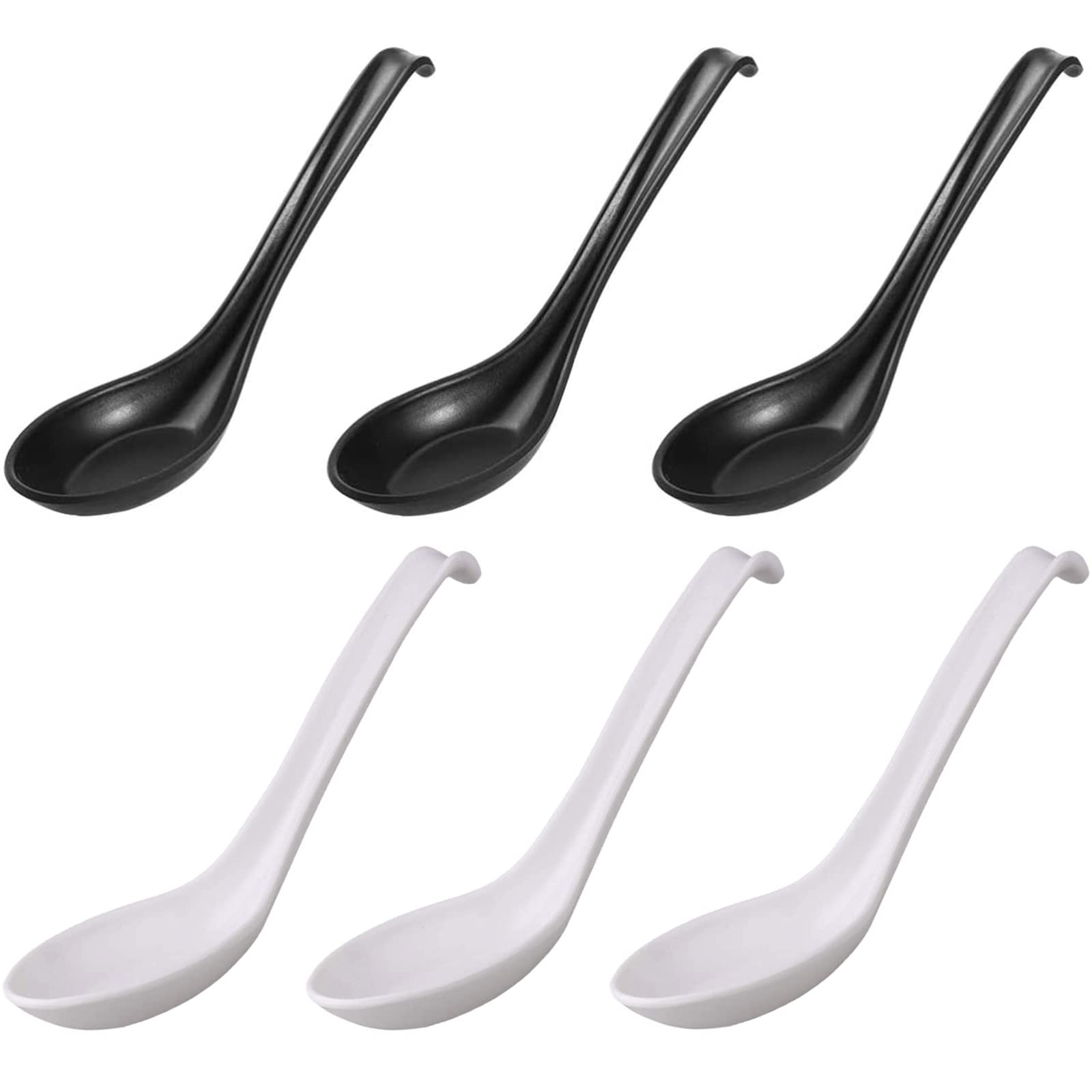 Zhenp 6 Pieces Melamine Soup Spoons, 16.5 cm/6.5 Inches, Japanese Ramen Spoons, with Long Handle and Hook, Round Bottom Spoon, for Restaurant/Kitchen (White+Black)