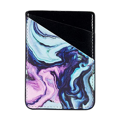 Obbii Nature Blue Purple Marble PU Leather Card Holder for Back of Phone with 3M Adhesive Stick-on Credit Card Wallet Pockets for iPhone and Android Smartphones