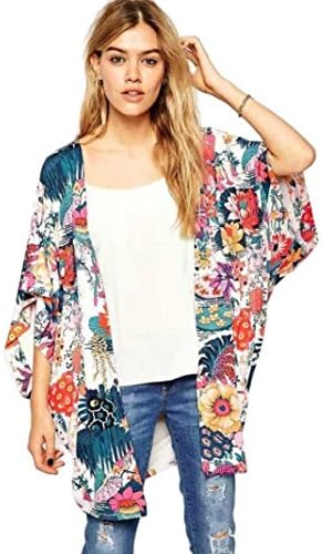 OVERMAL Women Floral Print Kimono Loose Cardigan Chiffon Blouse (S)