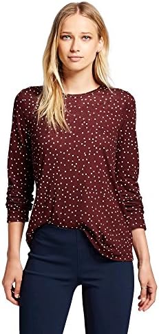 WhoWhatWear Women's Long Sleeve Dotted Print Fashion Tee T-Shirt (X-Small, Pomegranate/ Cream Dot)
