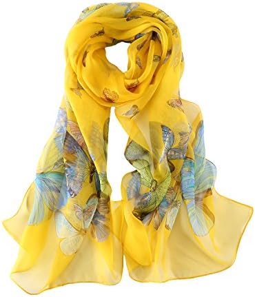 Long Georgette Silk Scarf Butterfly Print (Yellow)