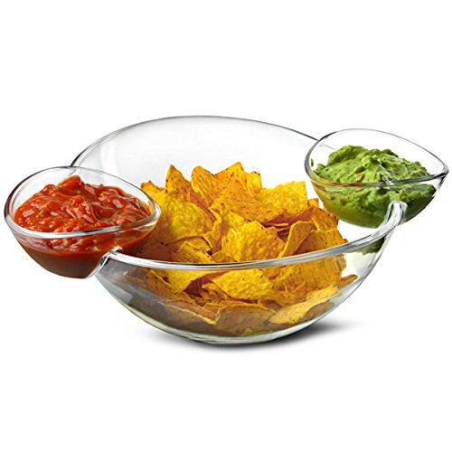 Drinkstuff Chip & Dip Snack Bowl with 2 Clip-On Dip Pots – Holds 500g, Large Clear Serving Bowl for Crisps, Nibbles & Sharing – Plastic Snack Tray for Parties, Tapas