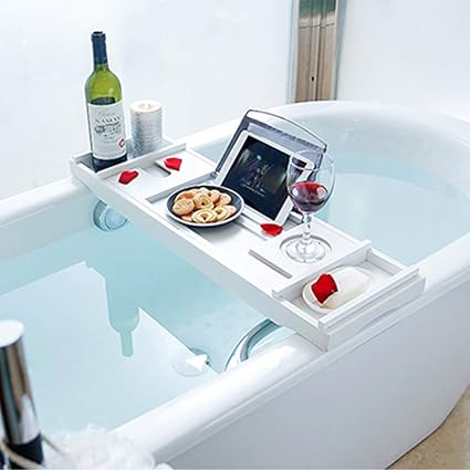 Pont De Baignoire Bois Plateau De Bain En Bambou Extensible Rangement Plateau Baignoire Pour Tablette Livre Telephone Porte Verre Porte Bougie De Vin Et Autres Accessoires Blanc Amazon Fr Cuisine Maison