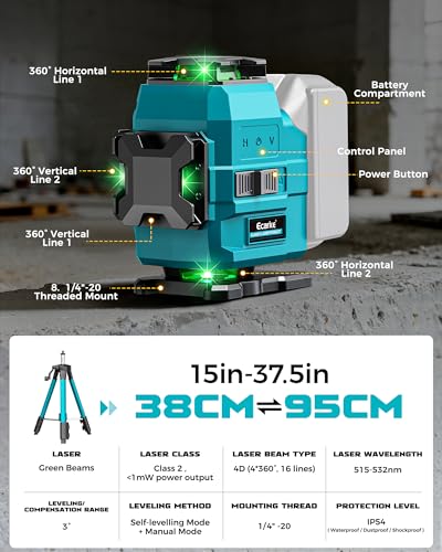 Ecarke Nivel Laser 4D con 16 Líneas Horizontales, 4x360°, Trípode, Compatible con Batería Makita 18V, Nivel Láser Autogestionado para Obras de Construcción, Azulejos y Renovación (Solo Herramienta)