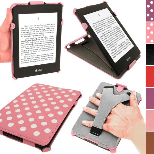 iGadgitz Pink with White Polka Dots PU Leather Case Cover for Amazon Kindle Paperwhite 2014 2013 2012 With Sleep/Wake Function & Integrated Hand Strap