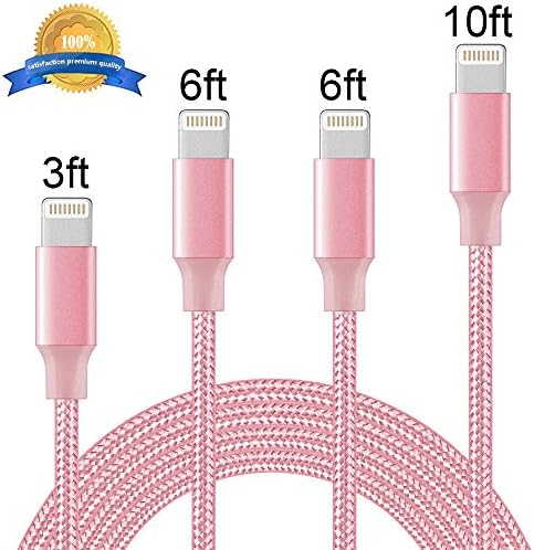 YouHo Lightning Cable,iPhone Cables 4Pack 3FT 6FT 6FT 10FT to USB Syncing Data and Nylon Braided Cord Charger for Apple iPhone 8, X, 7, 7 Plus, 6, 6s, 6+, 5, 5c, 5s, SE, iPad, iPod Nano, Touch (Pink)