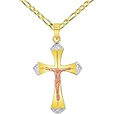Jewelry America 14k Yellow Gold and Rose Gold Textured Tri-Tone Religious Cross Jesus Crucifix Pendant with Figaro Chain Necklace