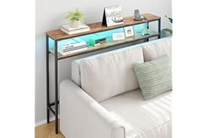 CollaredEagle 47.2 Inches Console Sofa Table with Power Outlets, Narrow Entryway Table with LED Lights, Skinny Hallway Table with Shelf, Behind Couch Table for Living Room, Rustic Brown
