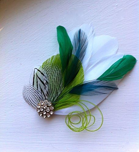 Oh Lucy Handmade SIDNEYFeather Fascinator with Crystal and Pearl, Feather Hair Clip, Bridal Hair Piece in Lime, Teal, and Emerald Green with Black and White