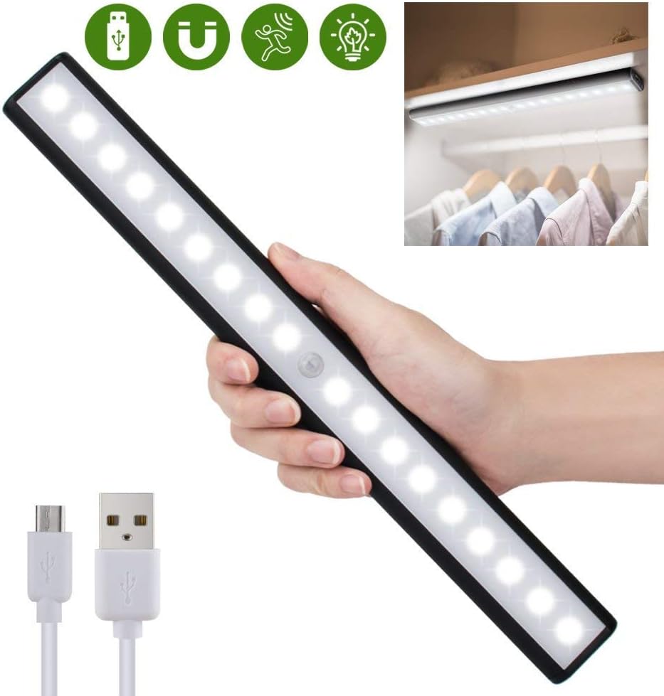 Motion Sensor Cabinet Light for Closet,Drawer,Cupboard, 18-led Wireless Motion Sensing Under Cabinet Lighting,USB Rechargeable Magnetic Stick-on Anywhere LED Light Bar, White Light, Black