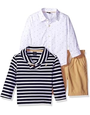 Nautica Baby Boys' Long Sleeve Button Down Shirt, Pullover, and Short with Faux Belt Set, Sport Navy