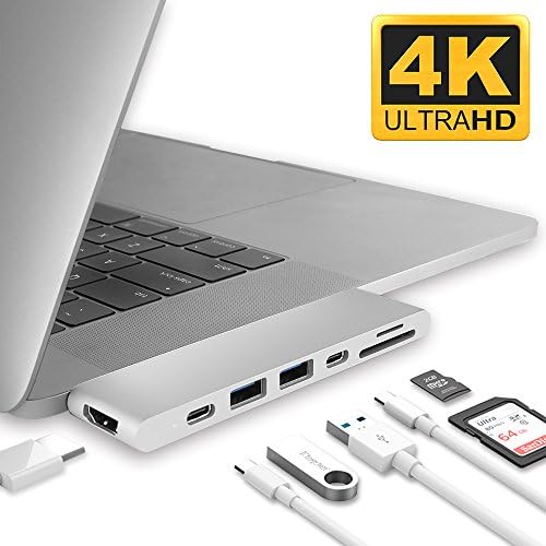 4K HDMI Combo Hub Adapter for MacBook Pro 13" &amp; 15" 2016/2017, Aluminum 7 in 1 USB Type C Charging Port, Thunderbolt 3 port, MicroSD/SDHC/SDXC Card Reader, 3 USB 3.0 Ports - Silver