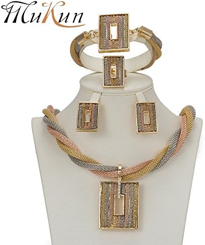 MUKUN Gold Plated Three Tones Chain Square Pendant,Dubai Crystal Embedded Necklace Jewelry Set 5 Piece