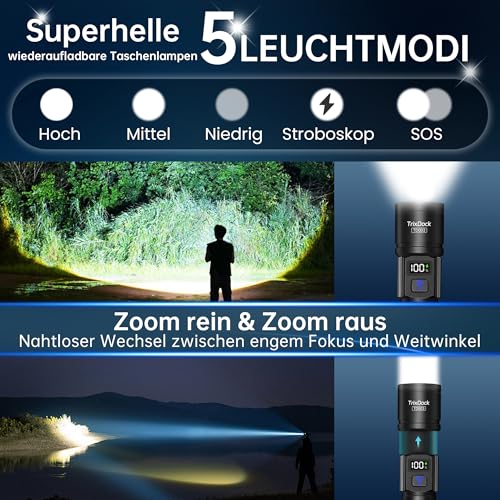 LED Rechargeable Torch Pack of 2, USB-C, Zoom, IPX6, LCD Display, 5 Modes | Extremely bright, 5 modes and zoomable, tactical with LCD display, waterproof, for camping, outdoor, survival, emergency