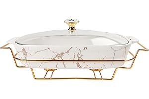 jinsongdafa 10" x 6" Ceramic Casserole Dish with Glass Lid and rack, 30 oz Serving Soup Tureen,Chafing Dish for Buffet, Famil