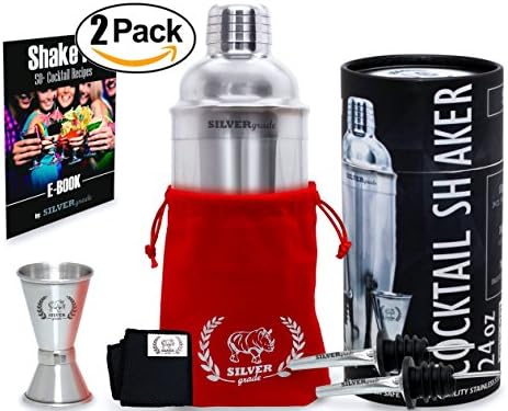 Cocktail Shaker Set - Professional Bartender Kit in a Luxury Bag, Martini Bar Mixed Build-in Strainer Jigger 2 Pourers and eBook with over 50 recipes - Barware Tools by SILVERgrade - 2 Pack