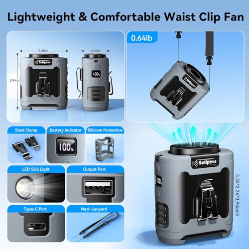 Portable Waist Clip Fan 12000mAh Rechargeable, 6 Speeds 16000RPM Strong Airflow Personal Fans with Max 30H Working Time, Hands-Free Hanging Neck Fan, Wearable Belt Fans for Outdoor/Jobsite - Grey