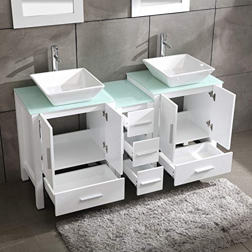 60" Bathroom Vanity Cabinet with Double Sink Combo Glass Top White MDF Wood w/Mirror Faucet Drain Set