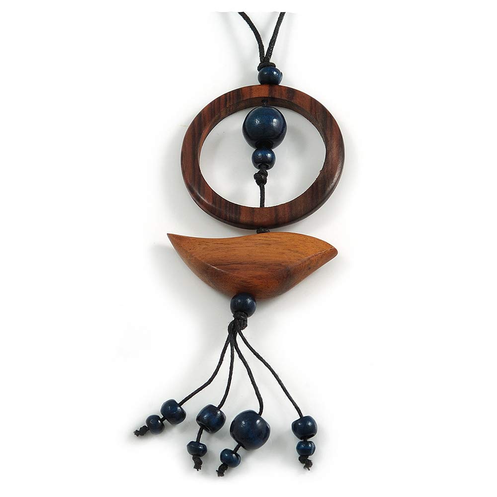 Avalaya Ring and Bird Wood Bead Pendant with Black Cotton Cord (Brown/Dark Blue) - 78cm Long/ 15cm Pendant - Adjustable