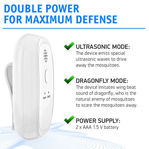 [NEW 2018] Effective Ultrasonic Mosquito Repellent (2-Pack) - Odorless Non-Toxic Portable Pest Control Repeller Anti Insects, Bugs, Roaches w/Dragonfly Mode - For Indoor and Outdoor (White 2-Pack)