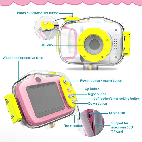 Kinder Kamera TODEHI wasserdichte Kinderkamera 1080P HD Digitalkamera mit 2,0” IPS Bildschirm 32GB SD-Karte Silikonhülle Spielzeugkamera Geschenke für Jungen Mädchen im Alter von 3-12, Pink