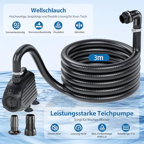 POPOSOAP Outdoor Waterfall Pond Pond Waterfall with 4500L/H Pond Pump, 3M Corrugated Hose and Filter Material, for Garden Ponds, Streams and Water Features