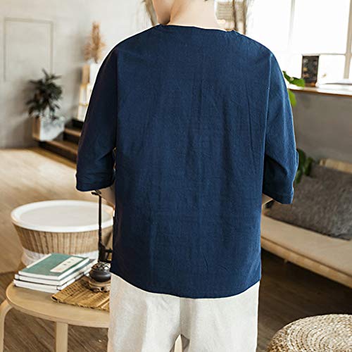 Linen Shirts for Men Short Sleeve Big and Tall Vintage Baggy Cotton Linen Solid Retro T Shirts Tops Blouse Navy