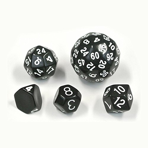Set of Unique Dice: d4, d8, d12, d24, and d60 in Black