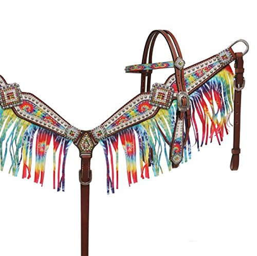 Showman Rainbow Tie Dye Headstall and Fringe Breast Collar Set
