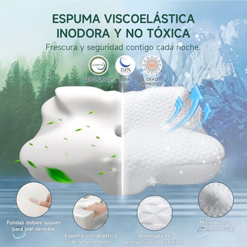 TESQ 2 in 1 Ergonomic Cervical Memory Pillow, Superior Comfort for Side and Back Sleeping, Adjustable Height, 50% Nylon, 50% Polyester, Washable, 60 x 40 x 9 cm